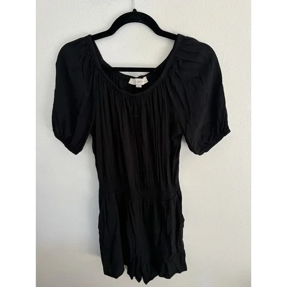 Loft Petites Black Short Sleeve Smocked Waist Romper Size SP Womens - Picture 3 of 6
